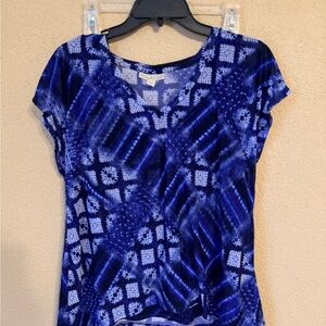 Dana Buchman Blue Patterned V-Neck Short Sleeve Top